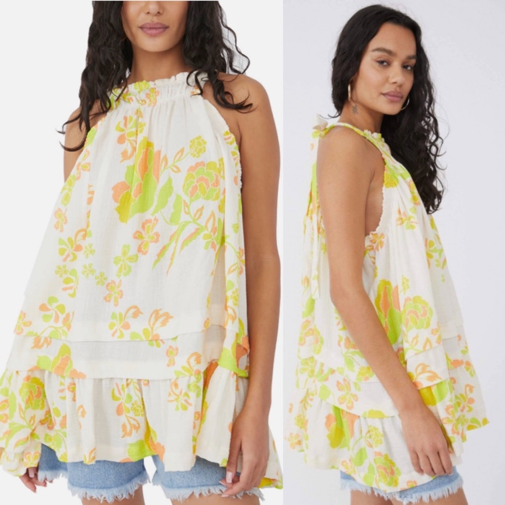 FREE PEOPLE Fleur Printed Tunic Top in Ivory Combo Size Small